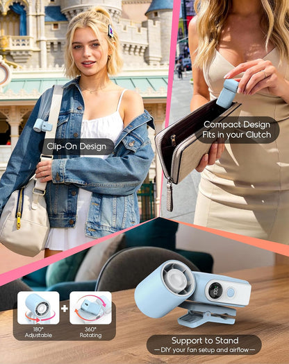 Portable Clip-On Mini Fan, Personal Handheld Fan for Stroller w/ LED Screen