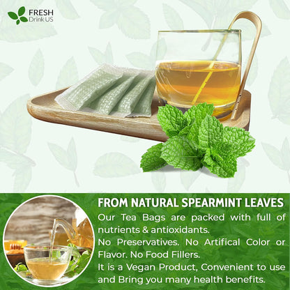 FreshDrinkUS, Premium 50 Spearmint Tea Bags, 100% Natural Spearmint Leaves. Loose Leaf Spearmint Herbal Tea. Spearmint Leaf Tea. No Sugar, No Caffeine, No Gluten, Vegan.