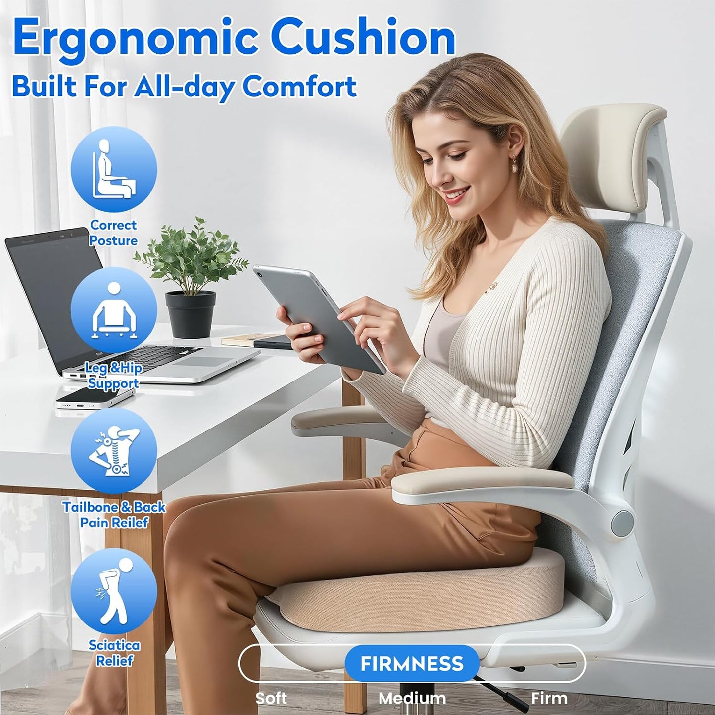 CushZone Seat Cushion - Memory Foam Office Chair Cushion for Sciatica, Tailbone & Back Pain Relief - Orthopedic Coccyx Pillow for Car, Airplane, Pregnancy & Long Sitting at Work, Black