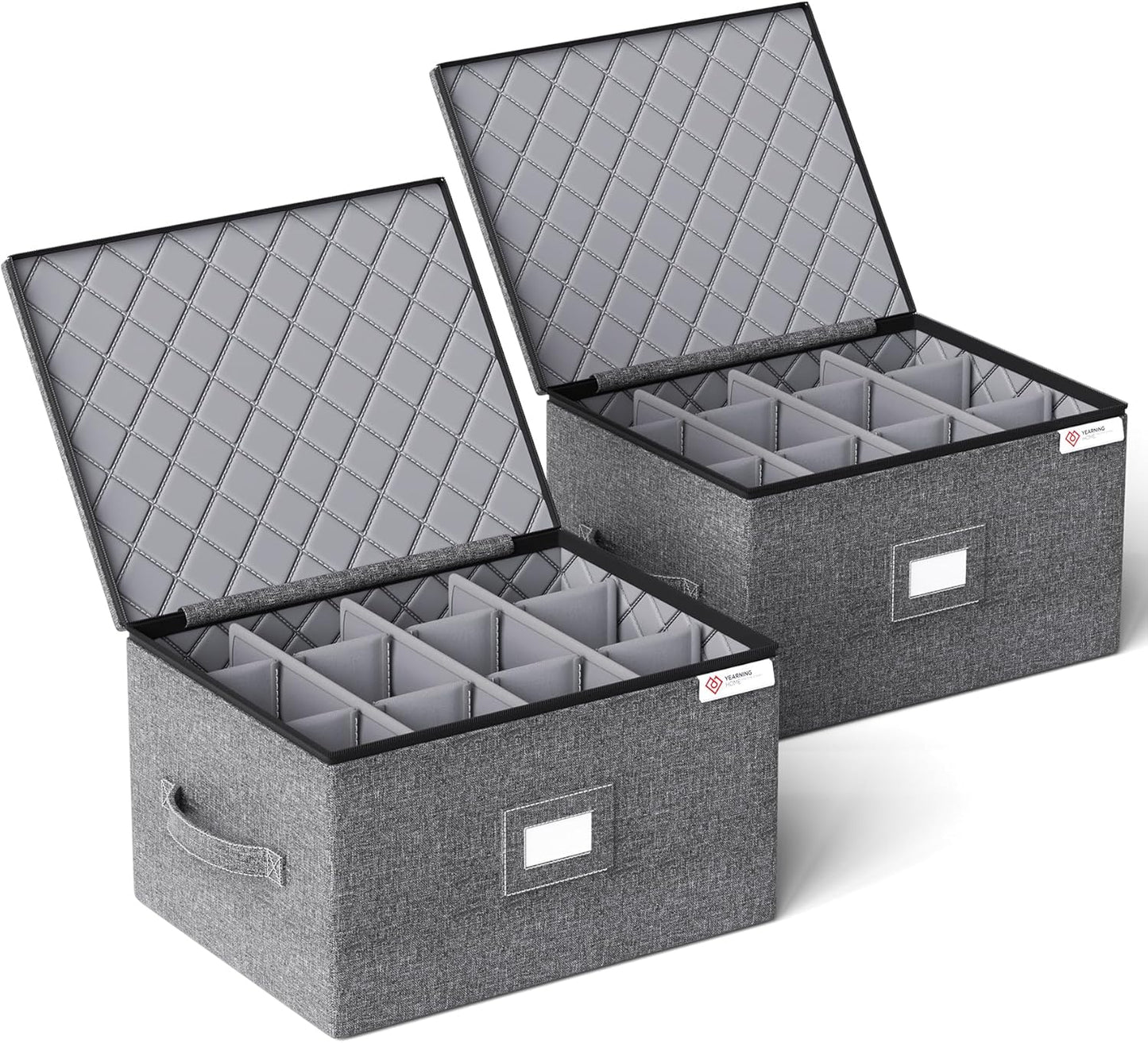 YearningHome Cup and Mug Storage Box with Hard Shell and Dividers for Coffee Mugs,Tea Cups and Glasses,Stackable Storage Organizers with Lid,Handles,Zips and Label for Moving,Holds 12,2 Pack, Grey