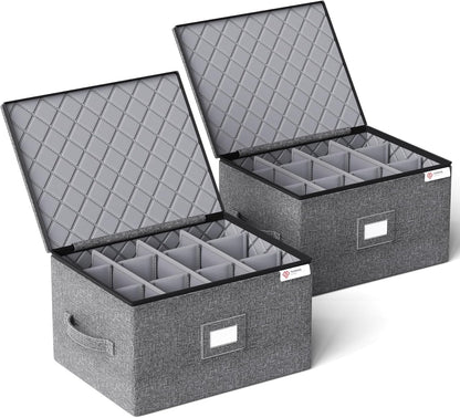YearningHome Cup and Mug Storage Box with Hard Shell and Dividers for Coffee Mugs,Tea Cups and Glasses,Stackable Storage Organizers with Lid,Handles,Zips and Label for Moving,Holds 12,2 Pack, Grey