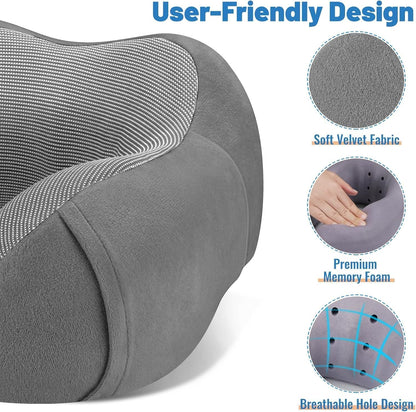 CloudBliss Travel Pillow for Airplane, Memory Foam Neck Pillow for Travel, Compact Flight Pillow with Eye Mask, Earplugs, Carry Bag, Travel Neck Pillow for Long Flight Sleep, Plane Accessories, Black