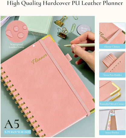 Undated Weekly Planner, Hardcover Leather Weekly & Monthly Calendar Blank Planner, To Do List Notebook with Goal & Habit Tracker Organizer, A5 Daily Planner with Spiral Binding, Ideal for Work School Home, Black