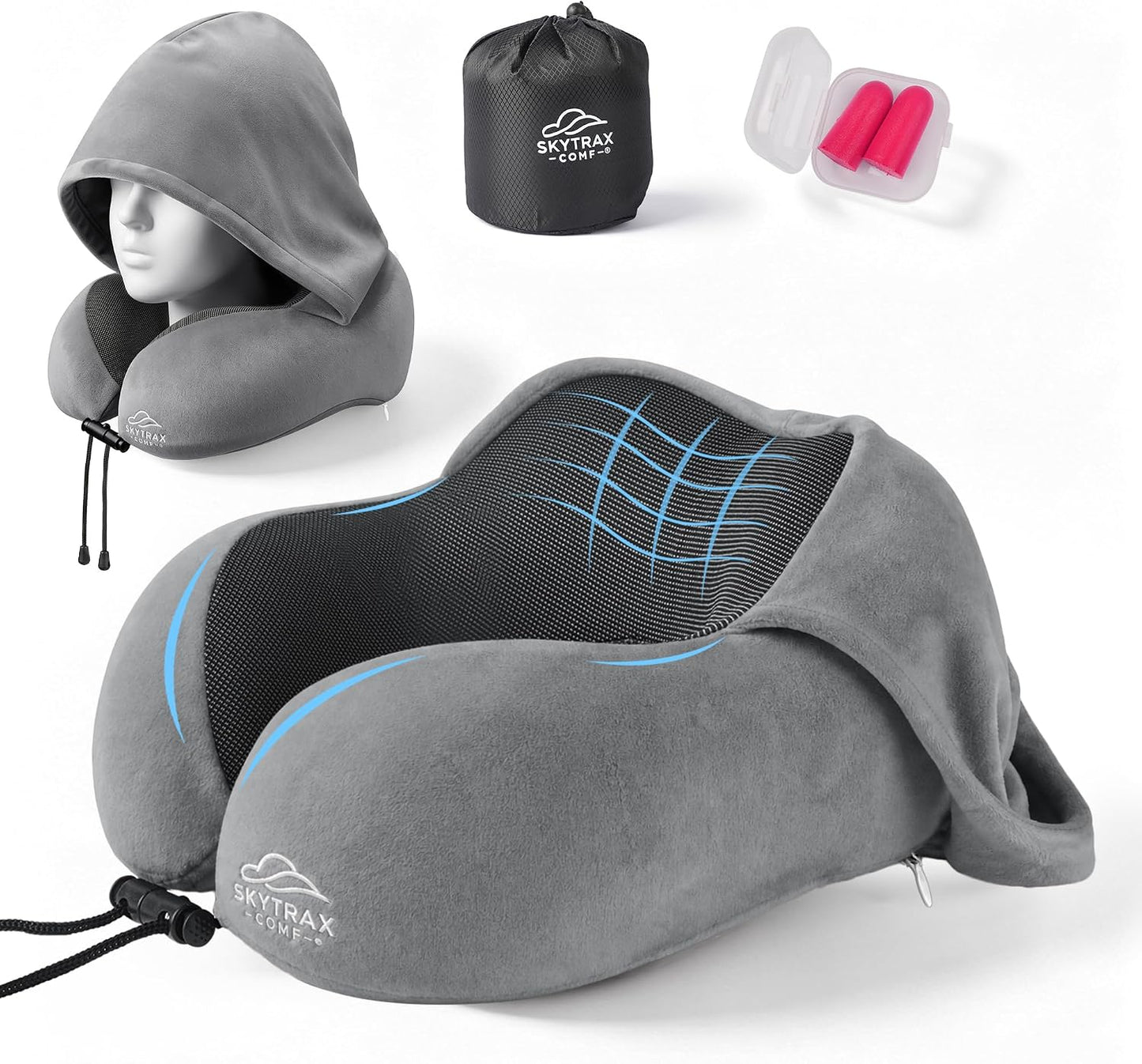 SkytraxComf® Travel Neck Pillow with Hood for Privacy on Long Flights | Memory Foam | Airplane Sleep | Safety-Tested Materials | Extra Large Hood | Chin Support | Earplugs | Washable Cover