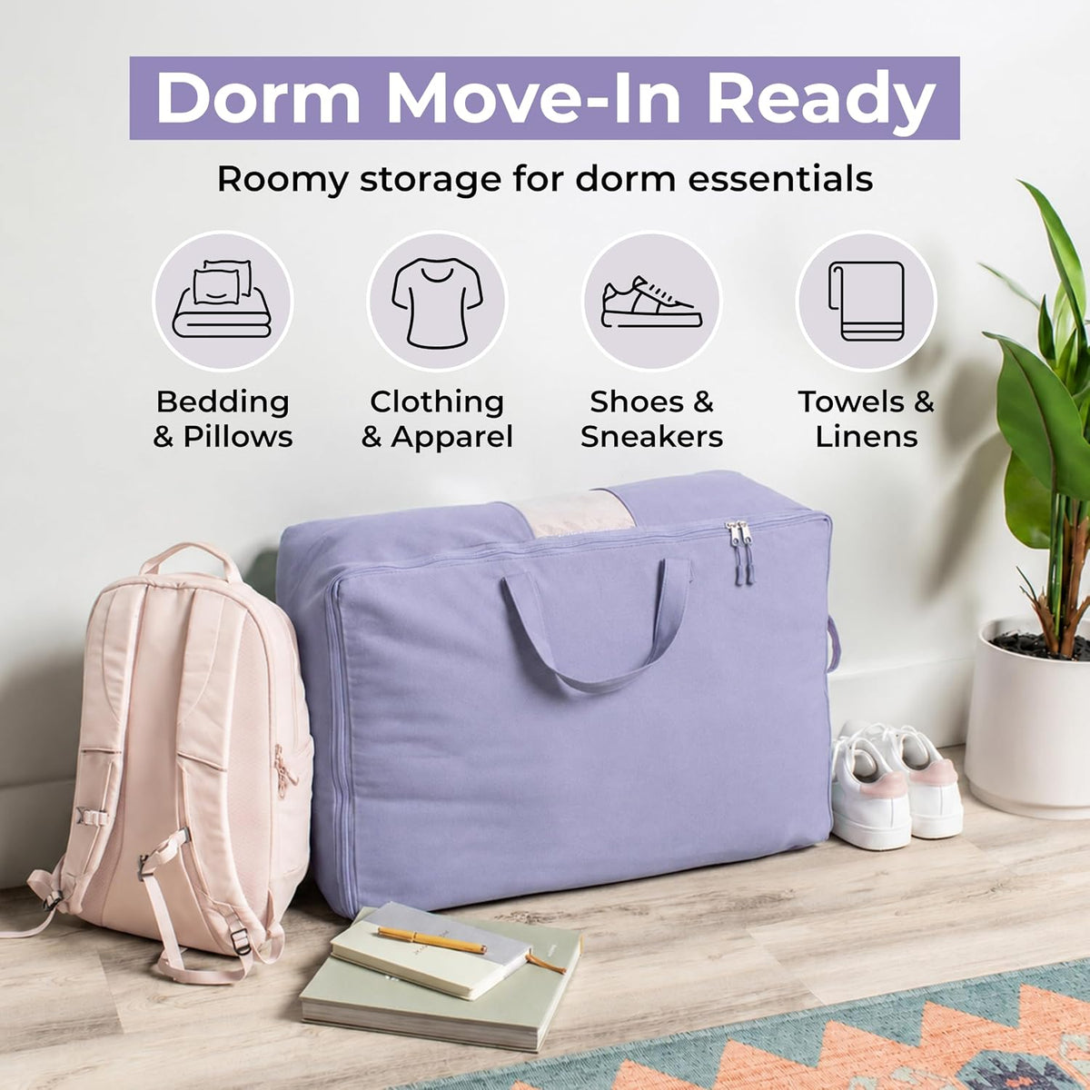 Soft Canvas Storage Bags with Zipper. Thick Breathable, 2pc King/Queen Comforter Organizer. Four Carrying Handles and Window. Large 25x19x9in Bag for Sheets Blankets Bedding Pillows, Clothes