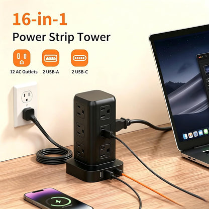 Extension Cord with Multiple Outlets, SMALLRT Power Strip Tower, Outlet Extender with 12 AC Outlets 4 USB, 6.5FT Extension Cord for Home Dorm Room, Office Supplies,Overload Protection