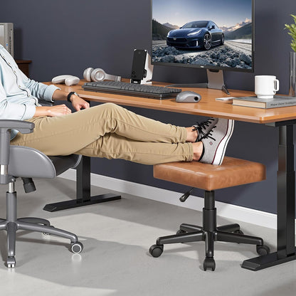 VECELO Under Desk Footrest, PU Ergonomic Foot Rest with Wheels, Comfort Padding, Height Adjustable for Relieving Leg Pain, Stiffness, Black