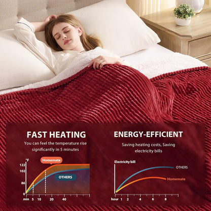 Homemate Heated Blanket Electric Throw - 50"x60" Heating Blanket Throw 1/2/4/6/8 Hours Auto-Off 10 Heat Levels Over-Heat Protection Soft Flannel Sherpa Heater ETL Certification
