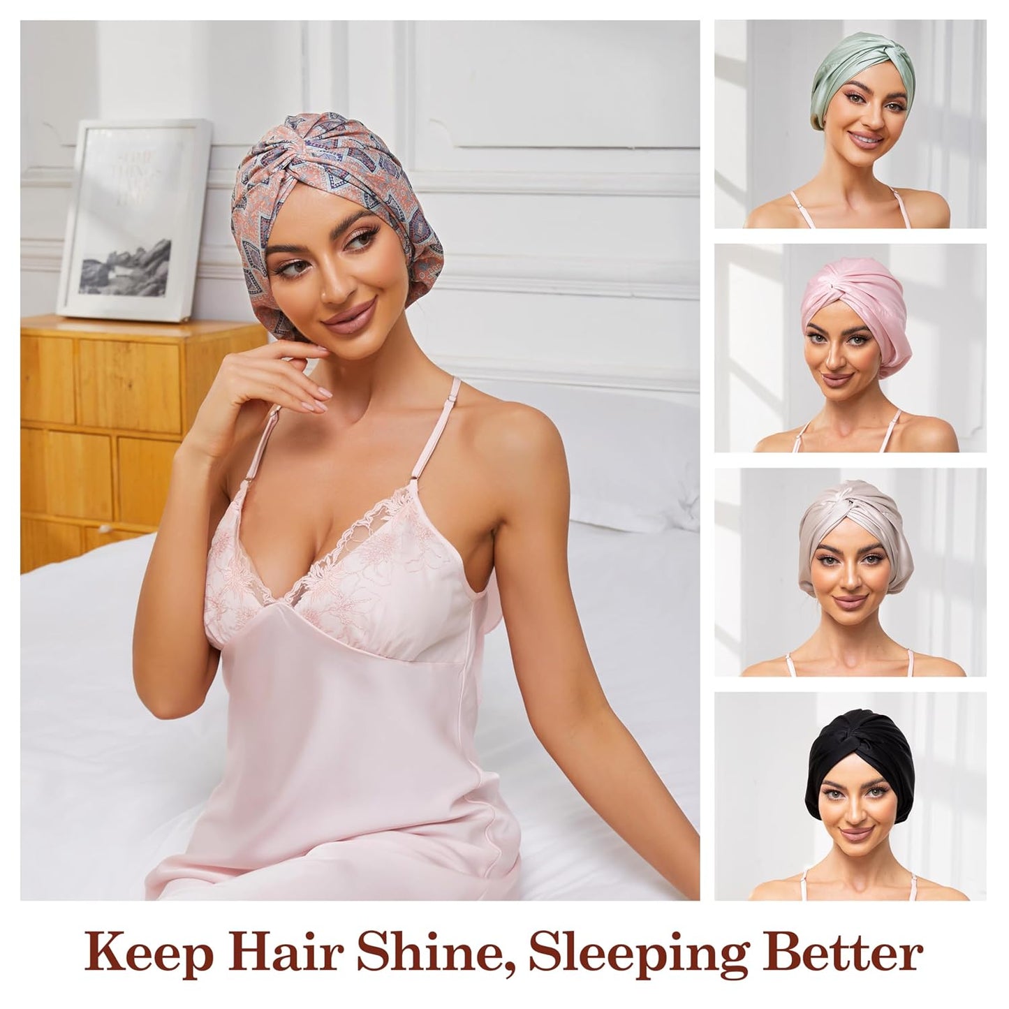 Adjustable Silk Satin Bonnet for Sleeping Hair Wrap, Double Layer Sleep Cap, Night Turban for Large Long Curly Braid Women Men Hair - Matcha Green