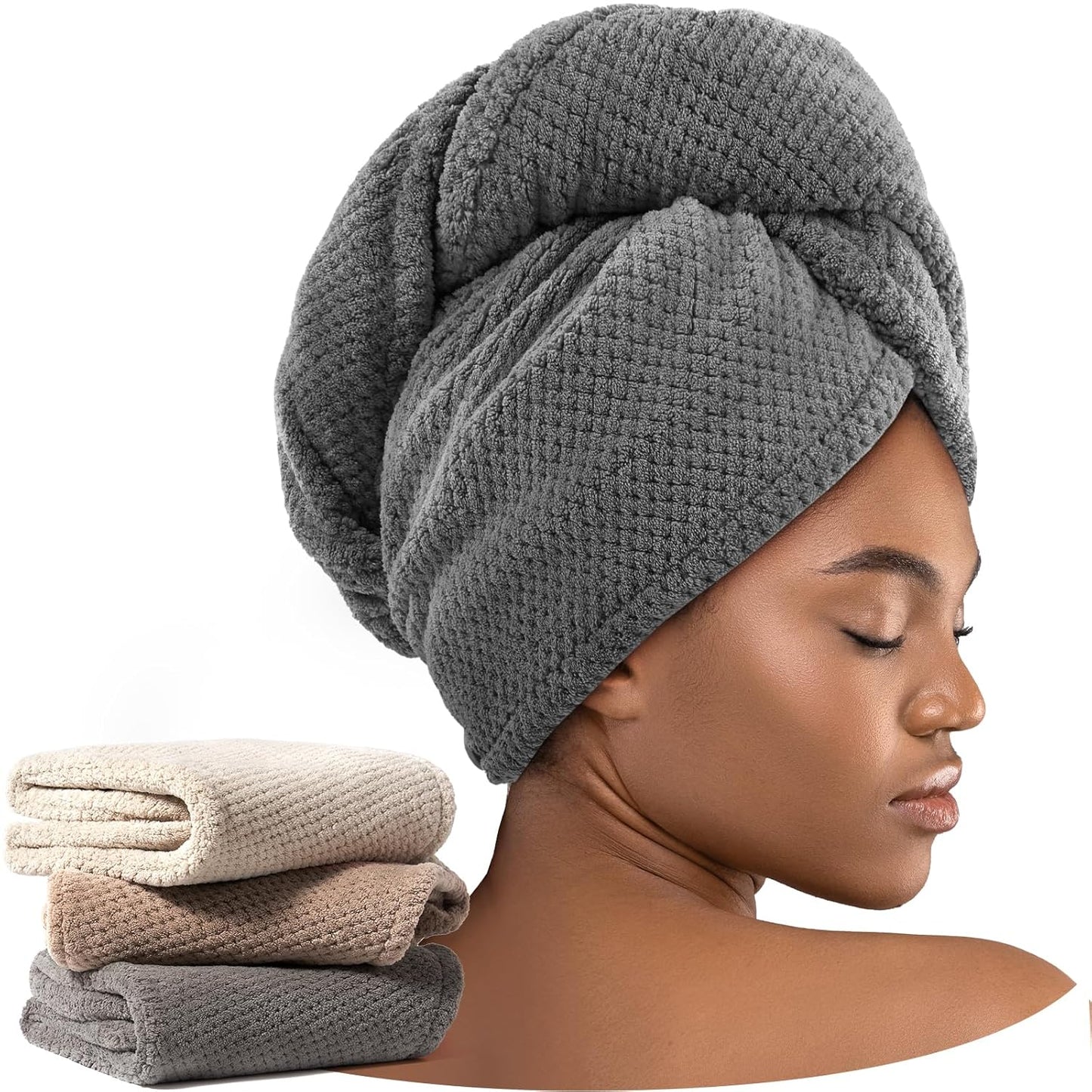 Umisleep 2 Pack Microfiber Hair Towel Wrap for Women, 400 GSM Thick & Soft Hair Drying Towels, Super Absorbent Hair Turban with Button Loop for Curly, Wavy & Wet Hair (Grey, White)