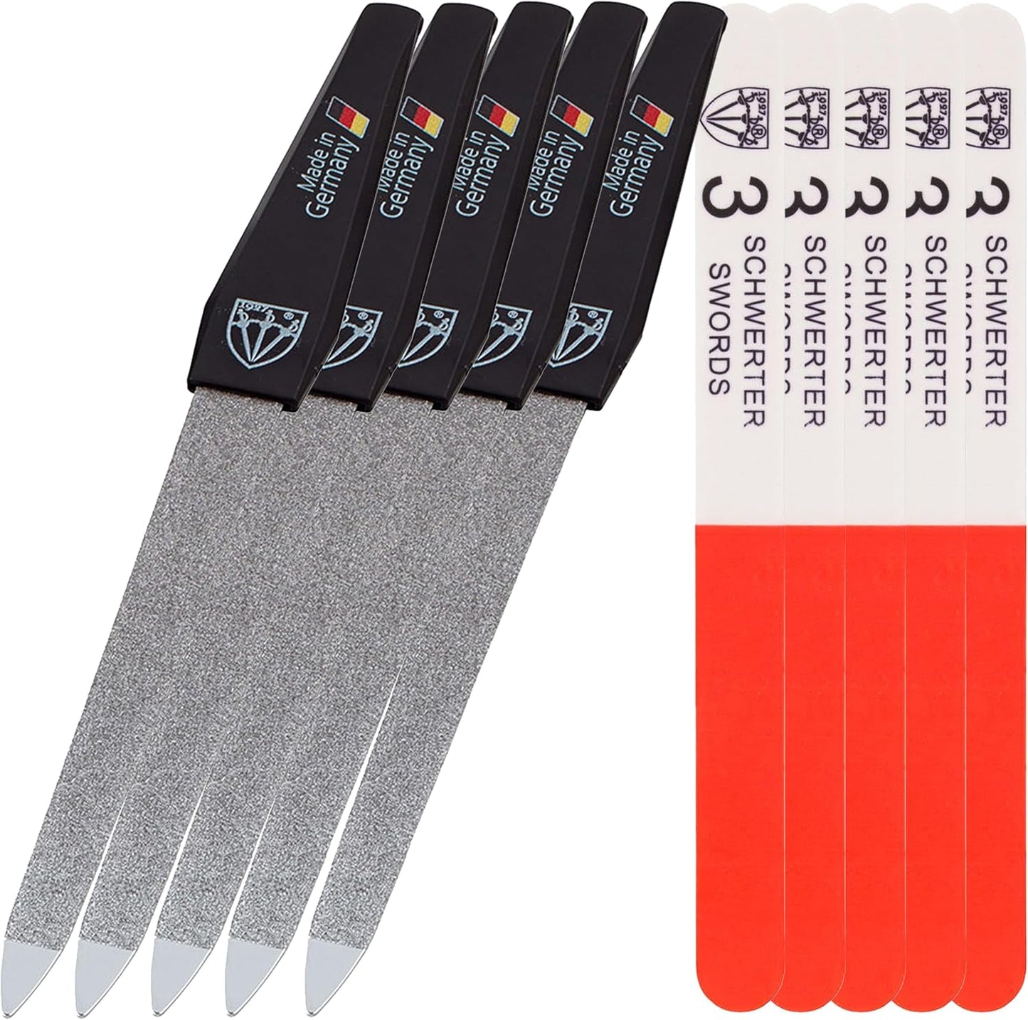 3 Swords Germany - Brand Quality Sapphire Metal Nail File Set (5 pcs.) with 3-Way Nail Buffer (1 pc.), Manicure Pedicure Finger & Toe Nail Care - Made in Solingen Germany (671)