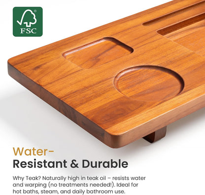 Teak Bathtub Tray for Freestanding Tubs - 35" Heavy-Duty Luxury Bath Caddy, Non-Slip Zero-Wobble Design, Water-Resistant Spa Organizer with Wine Glass & Phone Holder