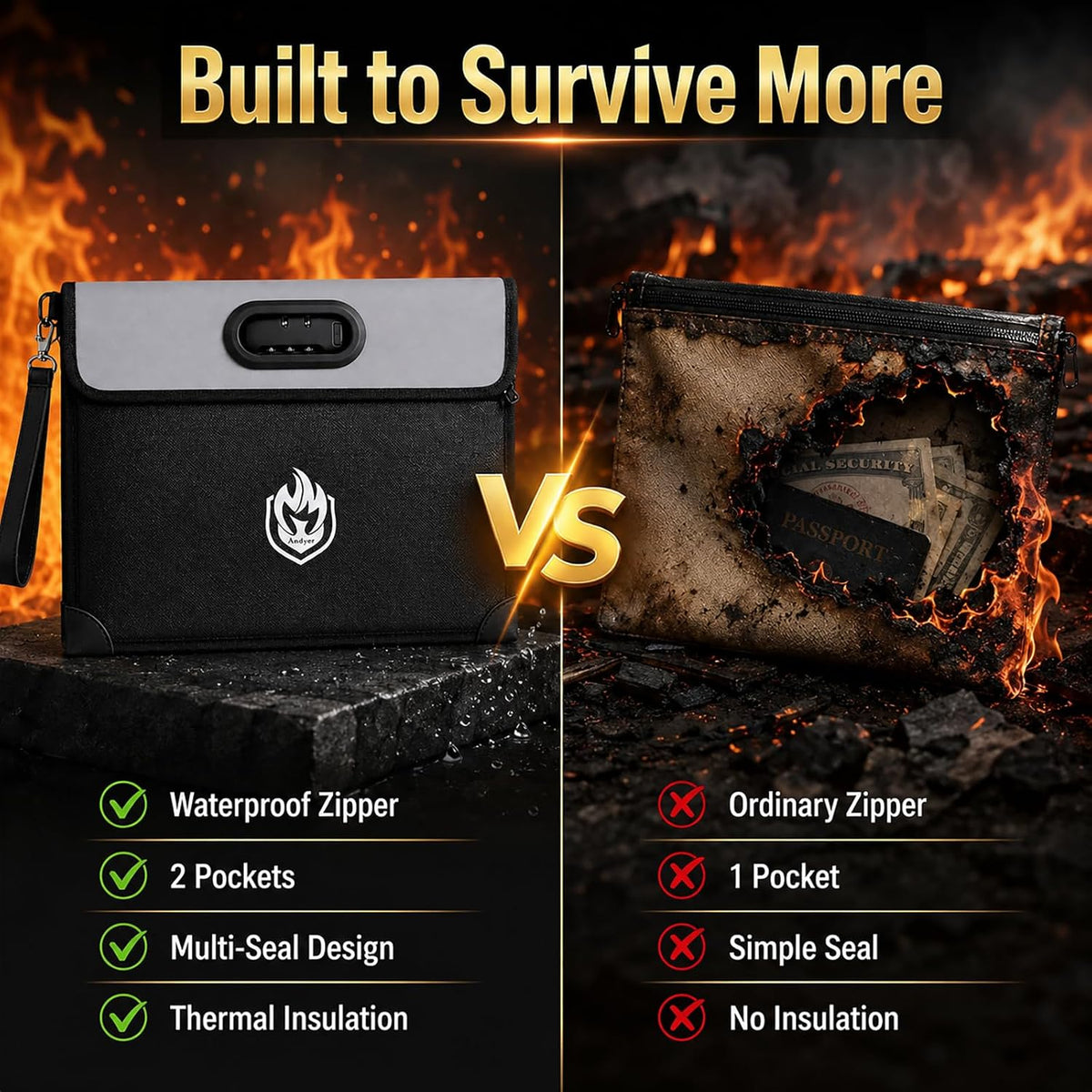 Andyer 2-Pocket Fireproof Document Bag with Lock, 6500℉ Fireproof Money Bag