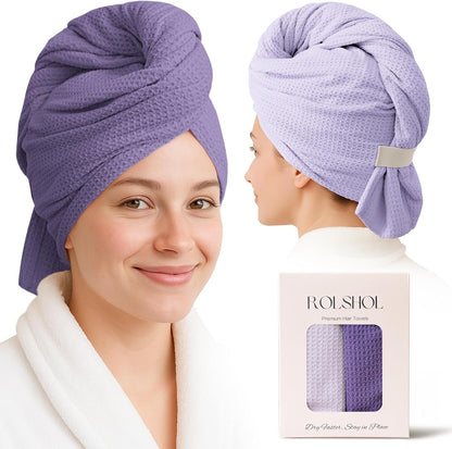 ROLSHOL 2 Pack Microfiber Hair Towel Wrap for Women, 32" x 11" Waffle Weave Hair Plopping Towel for Curly, Long & Thick Hair, Anti-Frizz Hair Turbans for Wet Hair (Pink, Grey)