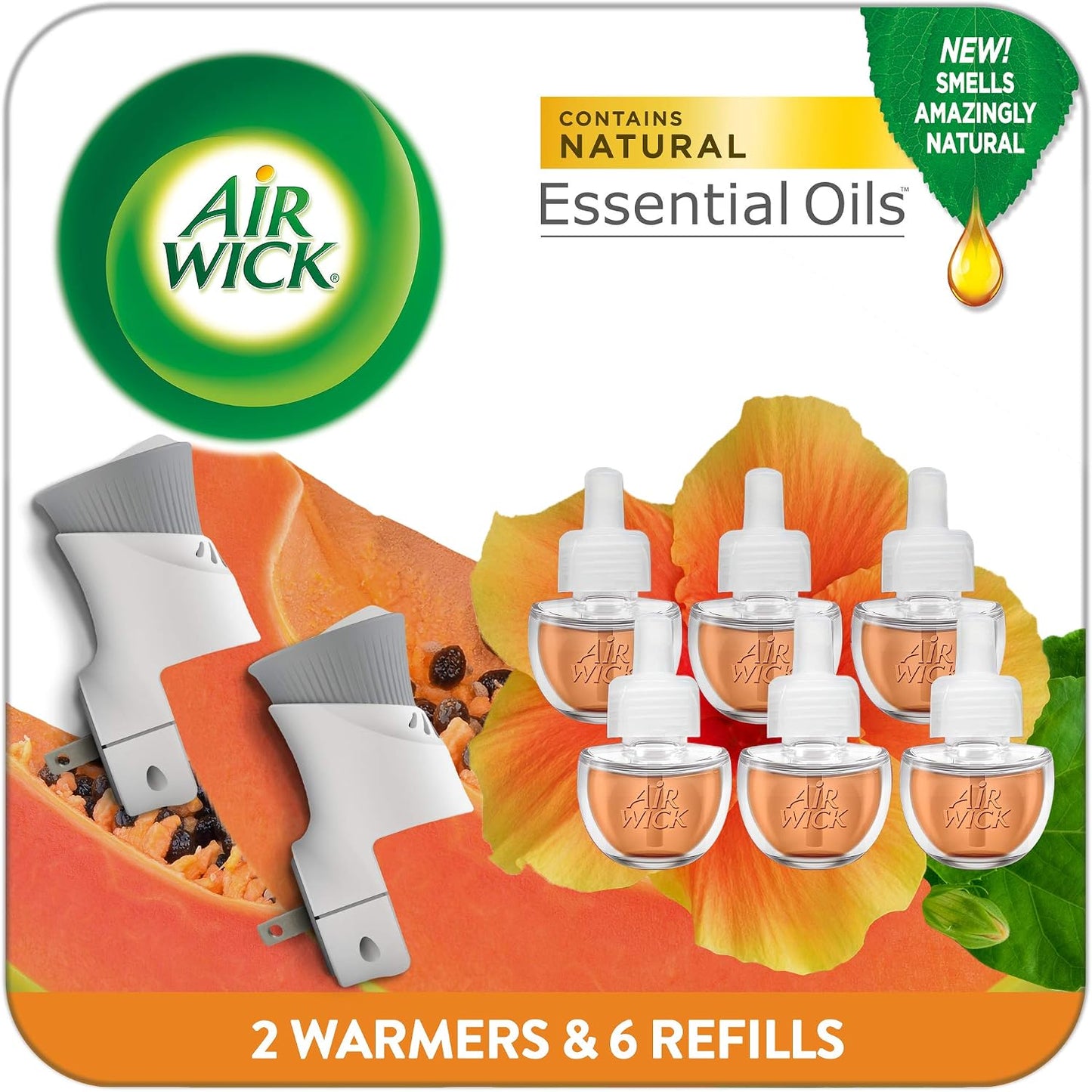 Air Wick Plug In Scented Oil Starter Kit, 2 Warmers + 6 Refills, Vanilla & Pink Papaya, Essential Oils, Air Freshener