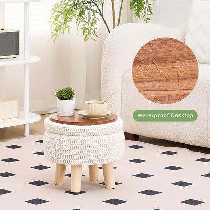 Wimarsbon Pouf Ottoman, 100% Cotton Knitted Boho Footstool, Round Footrest with Non-Skid Wood Legs, Home Décor Handmade Pouffe, Leisure Floor Step Stool for Living Room (Beige)
