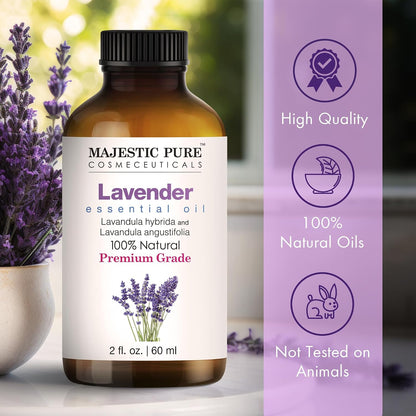 Majestic Pure Essential Oil with Glass Dropper - Essential Oils for Diffuser, Aromatherapy, Soap and Candle Making, Lavender Essential Oil, Lavender Oil, 4 Fl Oz