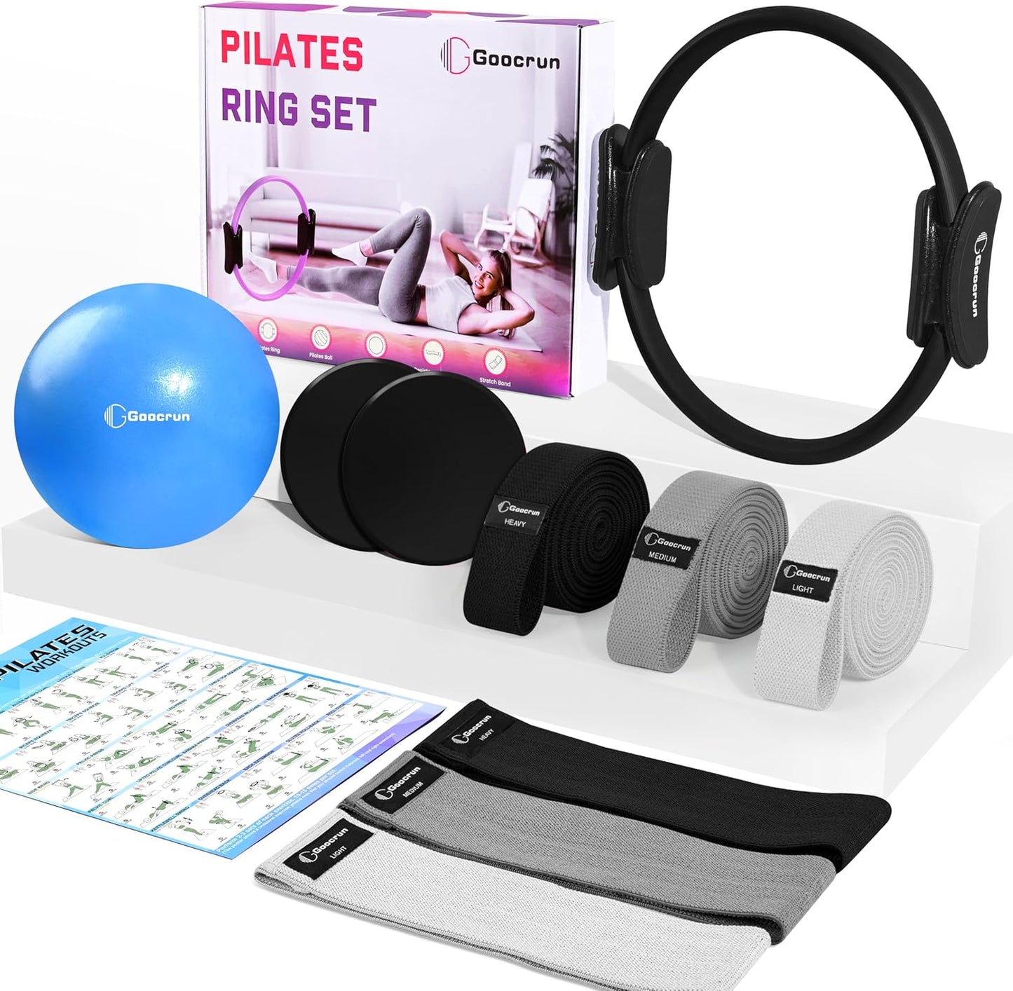 Goocrun Pilates Ring Set Exercise Equipment, with Exercise Resistance Bands Set, Pilates Ball, Sliding Disks. Portable Home Gym - with Fitness Guide Poster