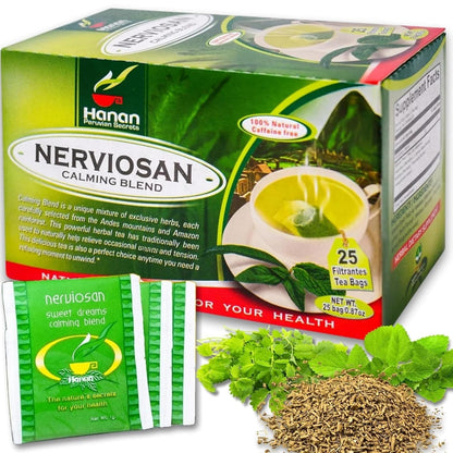 Nerviosan Calming Herbal Blend with Valerian Root, Lemon Balm and Burnet 25 Tea Bags of All Natural Valeriana, Toronjil and Pimpinela Herbs from Peru