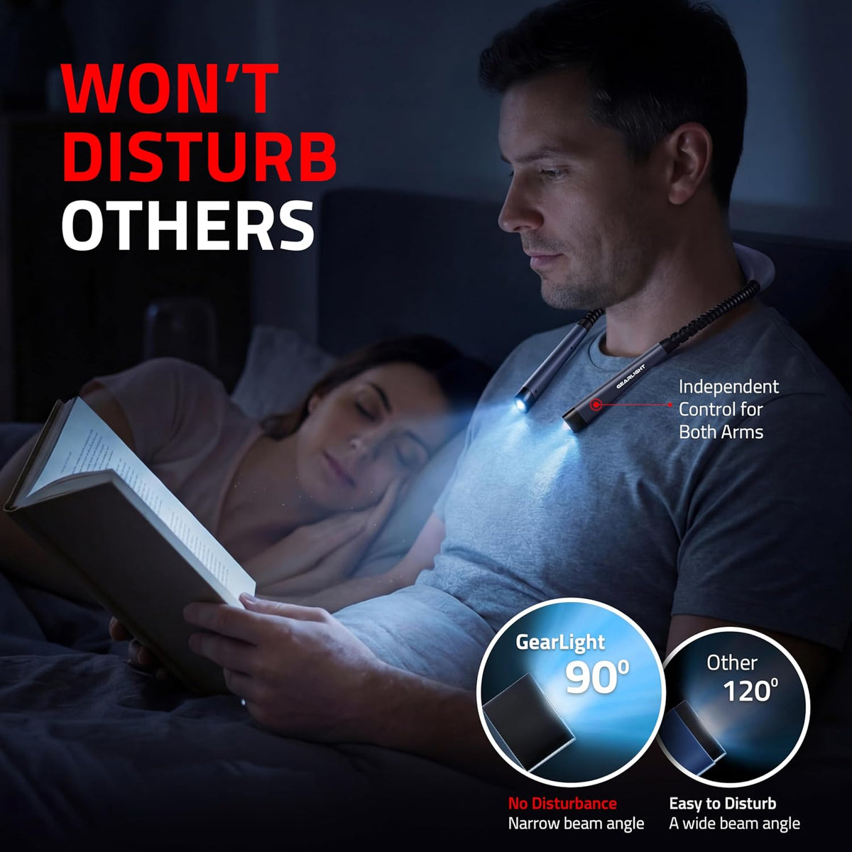 GearLight Rechargeable Book Light for Reading in Bed – Hands-Free LED Clip-on Lamp with 3 Light Modes, Adjustable Brightness, Flexible Neck Reading Light for Books, Laptops, and More – 2 Pack
