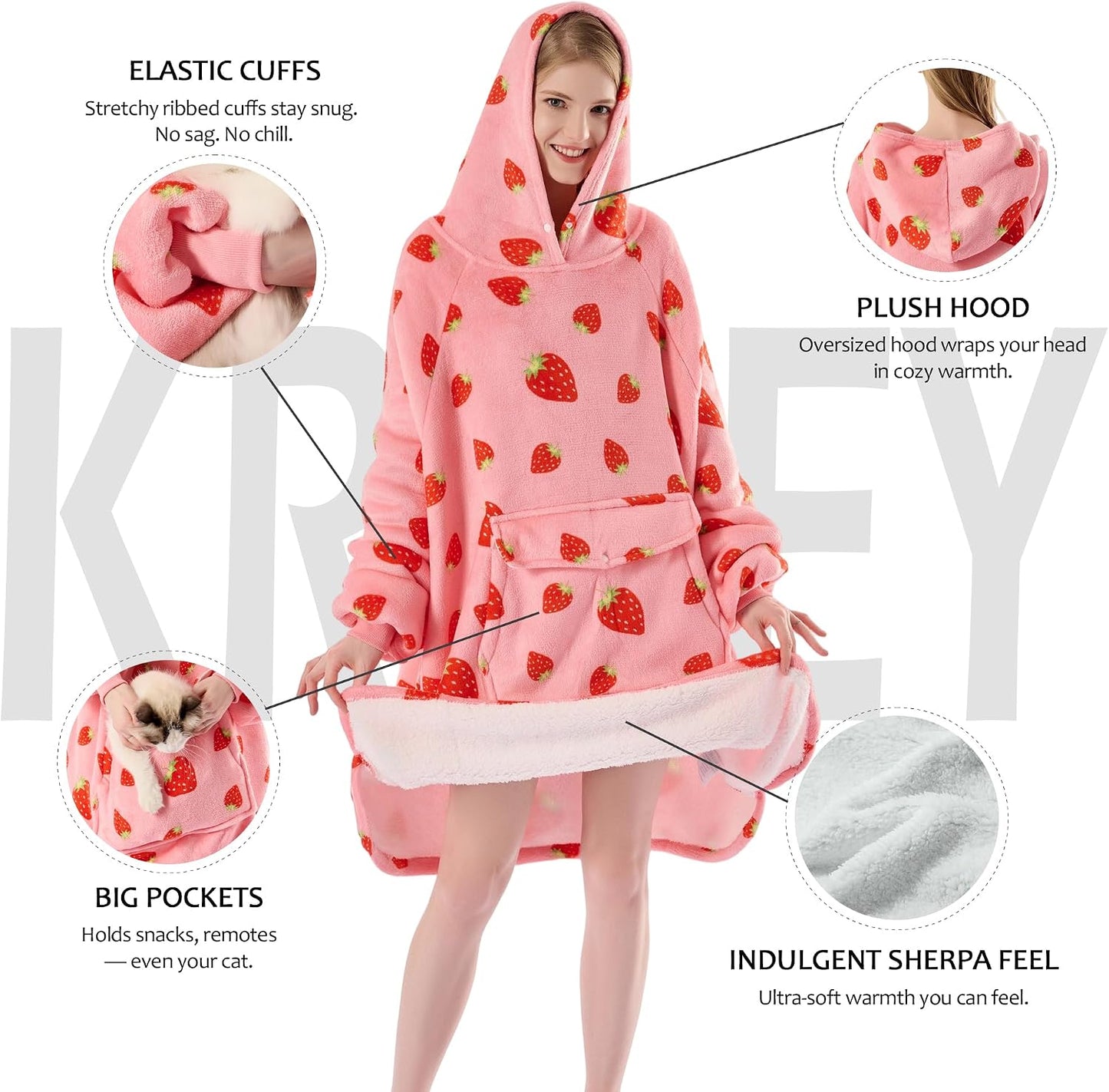 Krifey Wearable Blanket Hoodie, Oversized Sherpa Hooded Blanket for Adults | Soft sherpa fleece with sleeves and pocket; oversized fit for lounging, WFH, camping, Christmas and white elephant gifts.