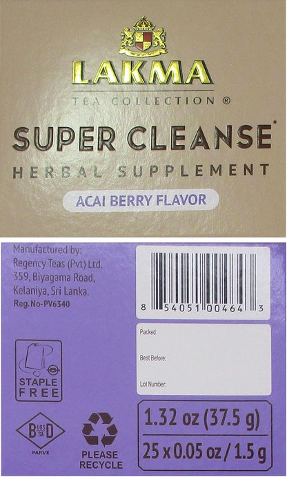 Lakma Super Cleanse Tea with Acai Berry, 100% Natural, Vegan, 25 Tea Bags