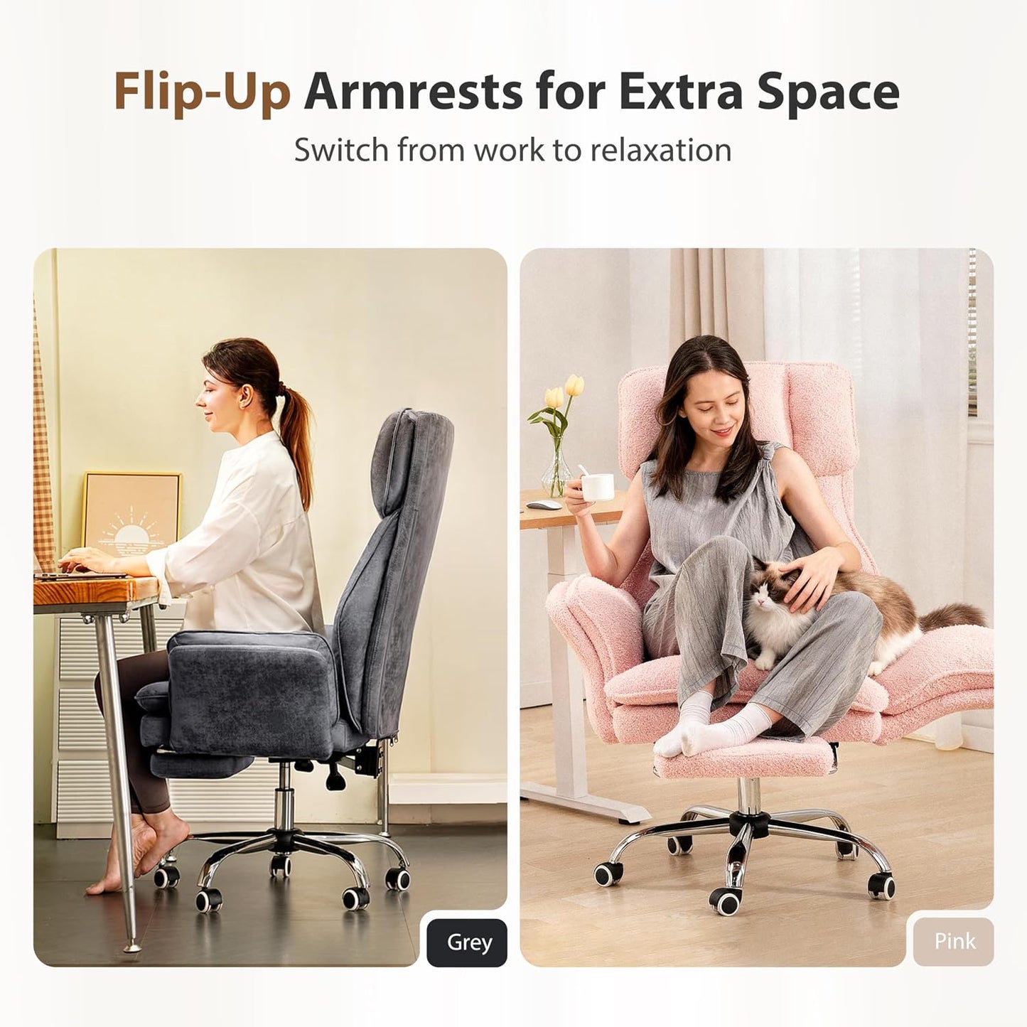 Big and Tall Office Chair, Flip Armrests for Pets & Cross Legged Sitting, Executive Ergonomic Computer Gaming Chair with Foot Rest, Teddy Fleece Wide Seat Reclining Desk Chair, White Vanity Chair