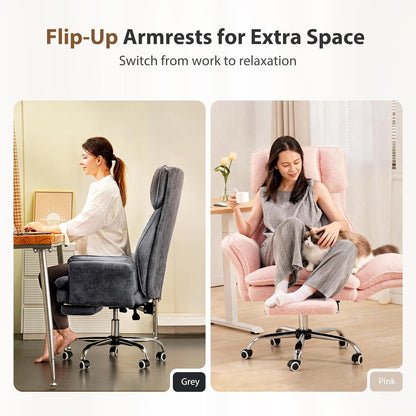 Big and Tall Office Chair, Flip Armrests for Pets & Cross Legged Sitting, Executive Ergonomic Computer Gaming Chair with Foot Rest, Teddy Fleece Wide Seat Reclining Desk Chair, White Vanity Chair