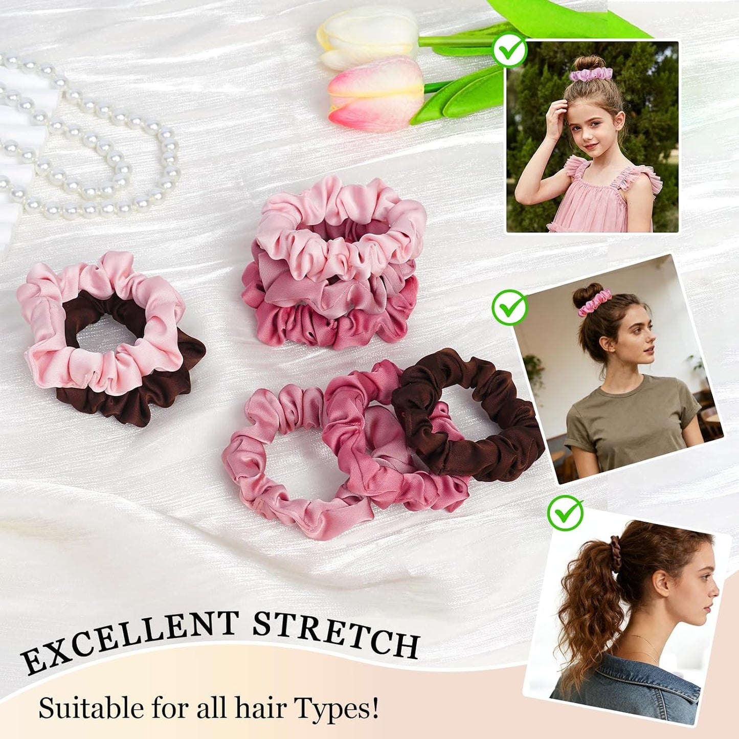 Satin Scrunchies for Women – 8PCS Blush & Brown Silk Hair Ties Set – No Crease, Frizz-Free, Gentle Elastic Hair Bands, Soft & Stylish Everyday Hair Accessories Gifts