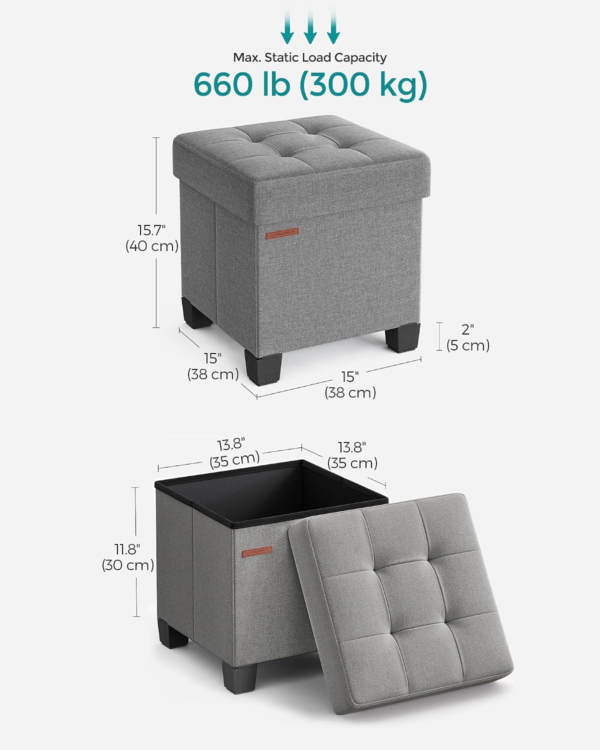 SONGMICS Storage Ottoman, Small Ottoman Foot Rest with Legs, 12.6 x 15.7 x 13.2 Inches Foot Stool, Load up to 660 lb, for Living Room, Bedroom, Dorm, Slate Gray ULSF012G01