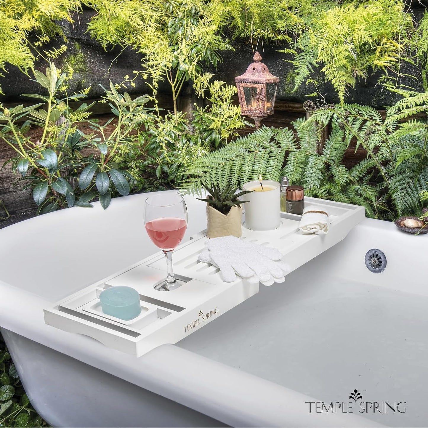 Temple Spring Bamboo Bathtub Tray Caddy for Tub — Expandable Wood Bath Tray with Solid Book Stand Wine Holder and Non-Slip Pads — Includes Bamboo Soap Dish and Spa Accessories — Luxury Bath Gift Set