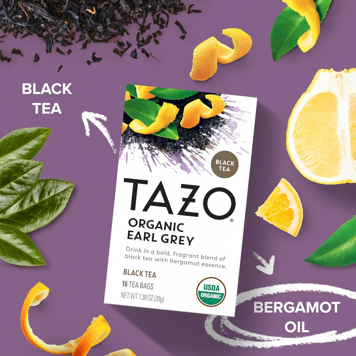 TAZO Earl Grey Organic Black Tea with Bergamot Flavor, High Caffeine Premium Tea for Morning and Afternoon Pick-Me-Up, 16 Count Pack of 6 (96 Total Tea Bags)