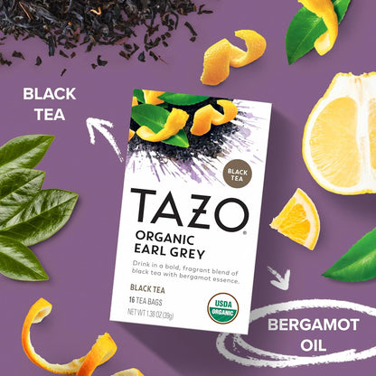 TAZO Earl Grey Organic Black Tea with Bergamot Flavor, High Caffeine Premium Tea for Morning and Afternoon Pick-Me-Up, 16 Count Pack of 6 (96 Total Tea Bags)