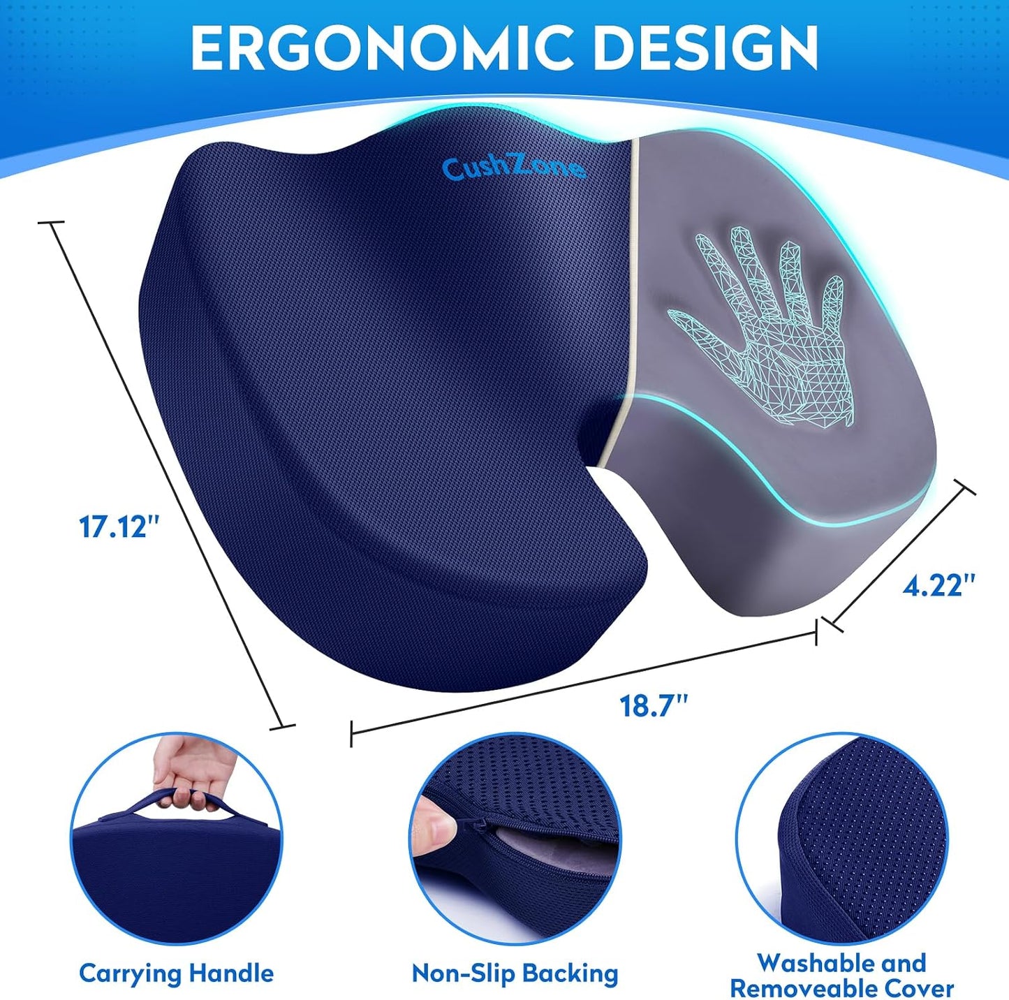 CushZone Seat Cushion - Memory Foam Office Chair Cushion for Sciatica, Tailbone & Back Pain Relief - Orthopedic Coccyx Pillow for Car, Airplane, Pregnancy & Long Sitting at Work, Black