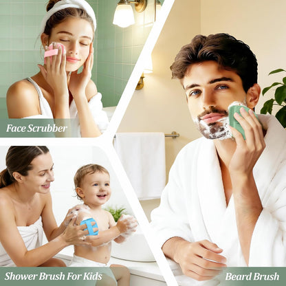 Silicone Back Scrubber & Bath Glove Set 2PCS, 13.4'' Gentle Shower Back Scrubber with Dual-Side Head Non-Slip Handle, 360° Anti-Slip Hand-fit Bath Glove for Rich Foaming Deep Cleaning(Black)