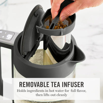 Martha Stewart Electric Kettle with Removable Stainless Steel Tea Infuser, Glass Carafe 1.7L (7 Cups), Hot Water Boiler, 4 Presets, Keep Warm & Auto Shut-Off, Cordless 360° Swivel Base, Honeydew Green