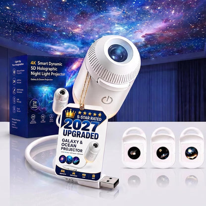 2027 New Hd Smart Dynamic 5d Holographic Night Light Projector, Plug and Play Hd Star Projector, 360° Adjustable Hd Galaxy and Ocean Projector for Bedroom Ceiling (24 Projection Films)