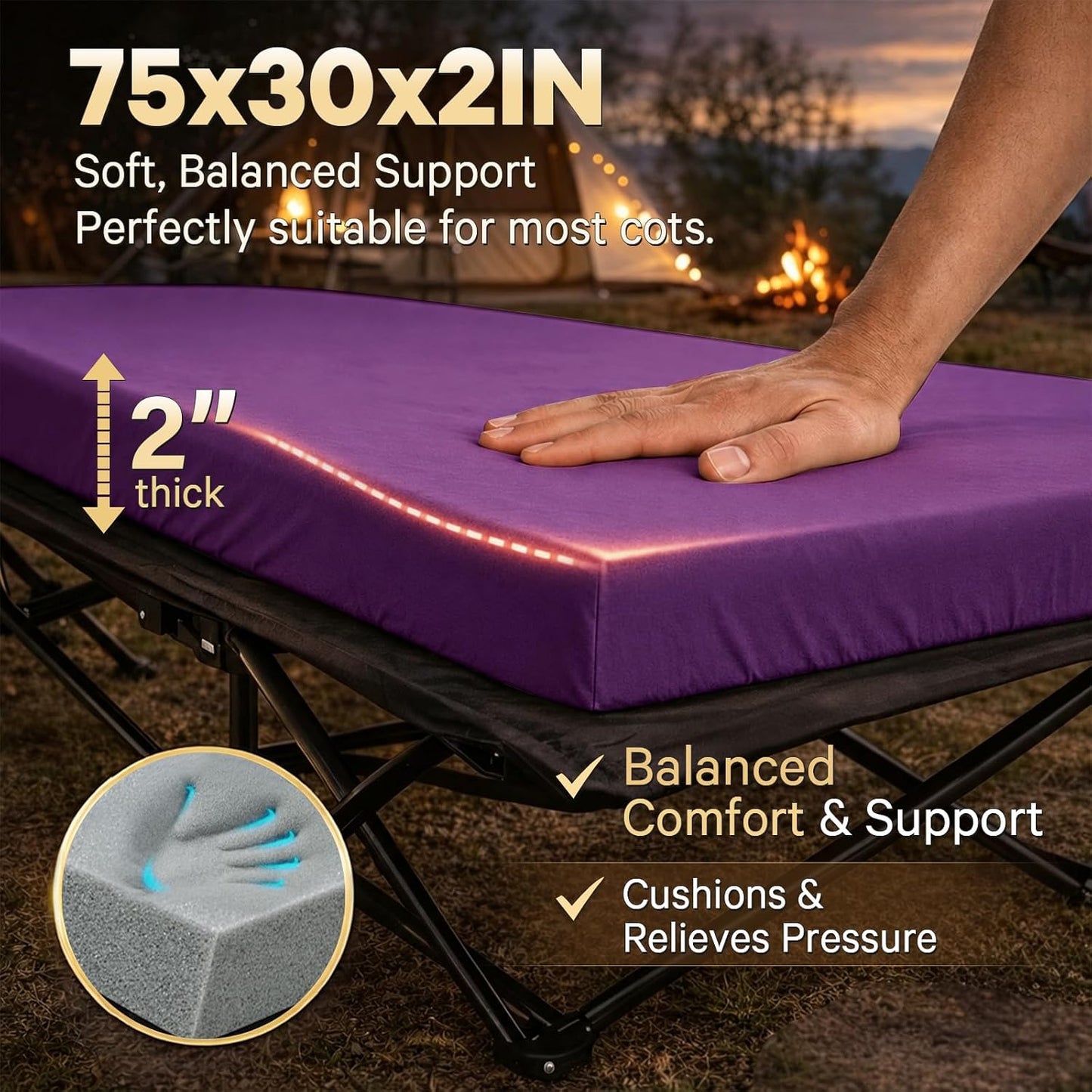 CYMULA Camping Cot Pad 2 Inch Memory Foam, Camping Pad for Folding Cot and Foldable Cot, Portable Roll Up Camp Gear for Car Camping Travel Tent, Non-Slip Waterproof Bottom, Removable Cover, Pad Only
