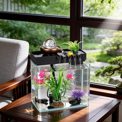 Indoor Water Fountain, 5-in-1 Tabletop Waterfall with Fish Tank & Mist Spray Humidifier, Desktop Fountain for Office Decor, Relaxing Small Water Feature for Bedroom Living Room Home