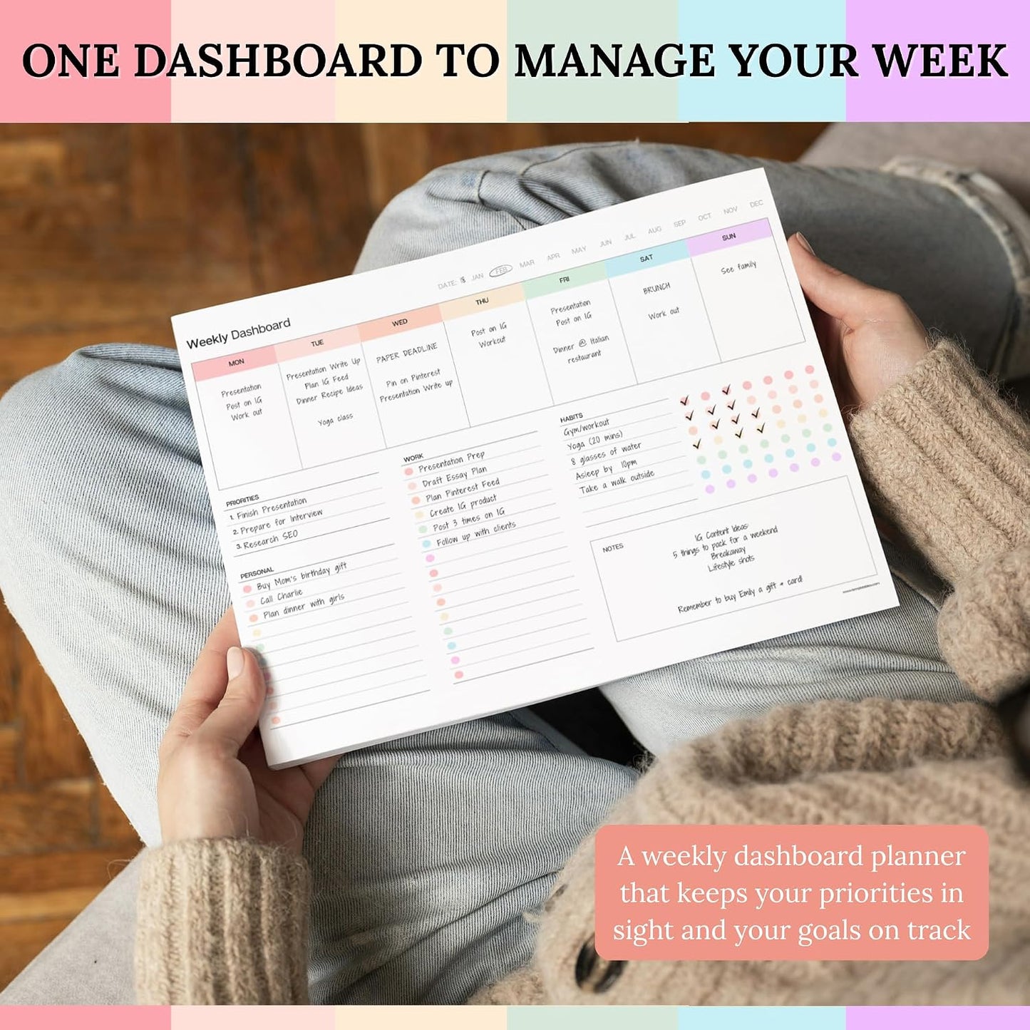 Weekly Dashboard To-Do List Notepad – Undated Weekly Planner with Habit Tracker & Notes – Minimalist A4 Layout for Productivity, Organization & Time Management (Colorful)