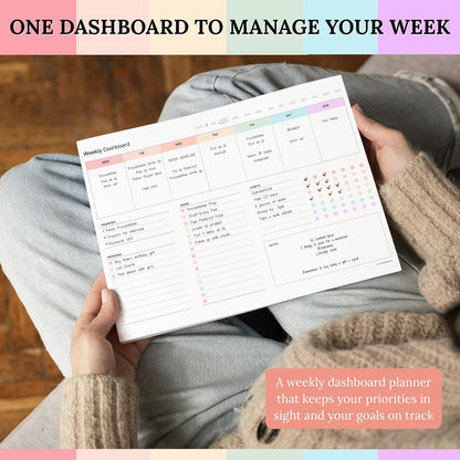 Weekly Dashboard To-Do List Notepad – Undated Weekly Planner with Habit Tracker & Notes – Minimalist A4 Layout for Productivity, Organization & Time Management (Colorful)