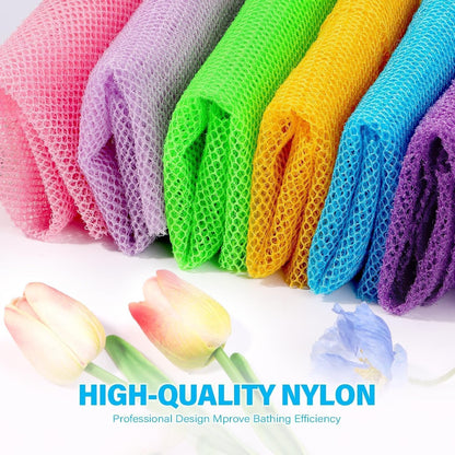 UJFQBH 3 Pieces African Bath Sponge African Net Long Net Bath Sponge Exfoliating Shower Body Scrubber Back Scrubber Skin Smoother,Great for Daily Use (Pink,Yellow,Purple)