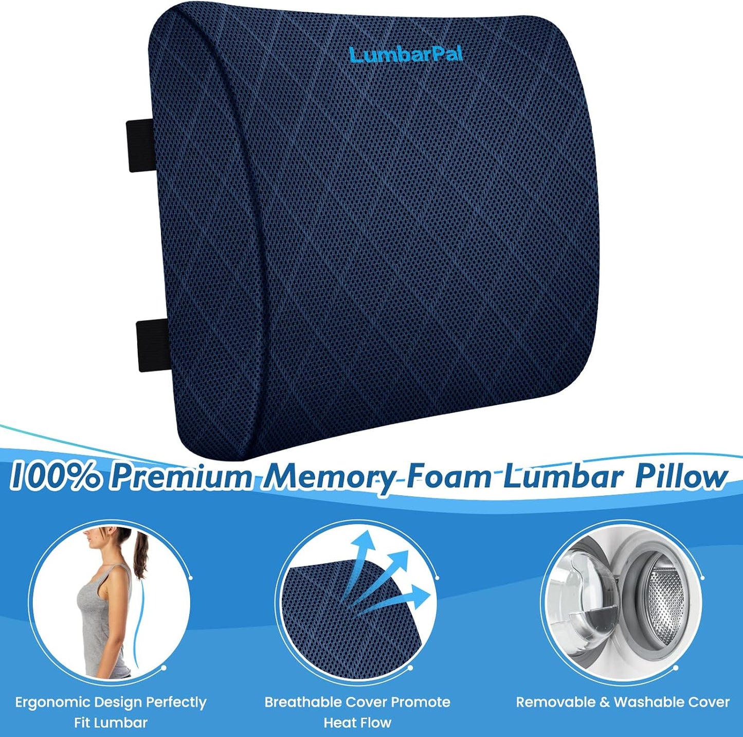 Lumbar Support Pillow for Office Chair Back Support Lumbar Pillow for Car, Gaming, Office Chair - Improve Sitting Posture & Back Pain Relief, Memory Foam, Adjustable Straps, Grey