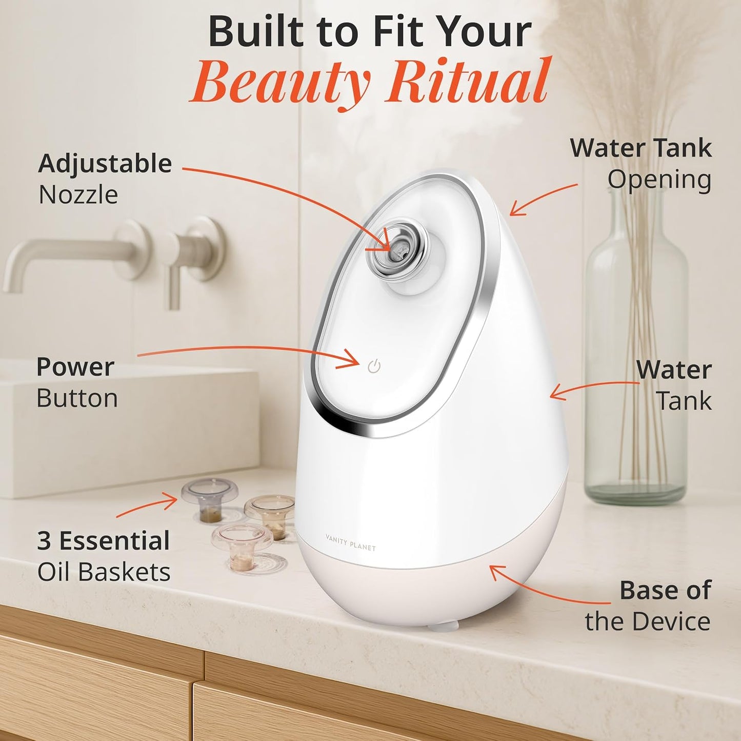 Vanity Planet Aira Ionic Facial Steamer (Rose Gold) - Pore Cleaner that Detoxifies, Cleanses and Moisturizes - Adjustable Nozzle, Water Tank with 3 Essential Oil Baskets