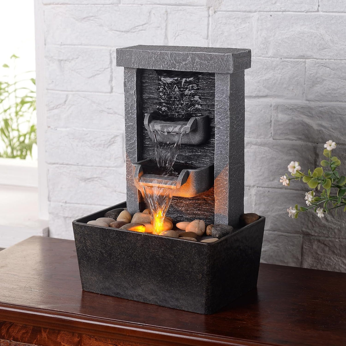 GOSSI Indoor Waterfall Fountain, 10.3" Tabletop Water Fountain with LED Lights & River Rocks, Relaxing Home Office Decor