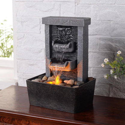 GOSSI Indoor Waterfall Fountain, 10.3" Tabletop Water Fountain with LED Lights & River Rocks, Relaxing Home Office Decor