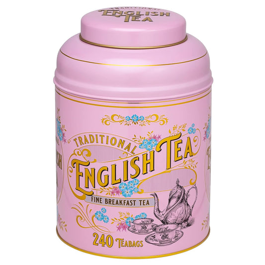 New English Teas Victorian Tea Tin with 240 Breakfast Tea Bags - Pink
