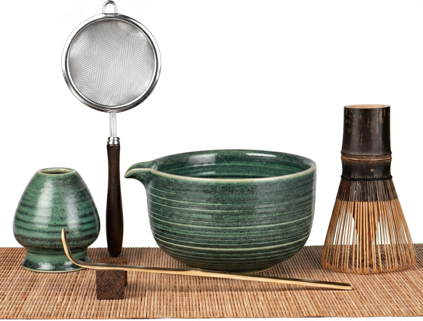 Matcha Whisk Set 7-Piece with Handmade Matcha Bowl & 100-Prong Purple Bamboo Whisk (Chasen), Complete Matcha Kit with Holder, Scoop & Rest, Bamboo Tea Mat, Gift-Ready Matcha Set