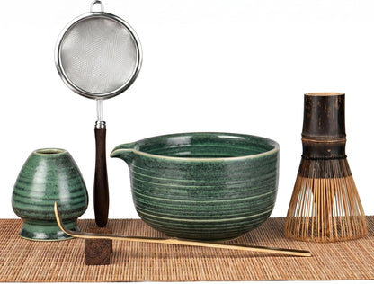 Matcha Whisk Set 7-Piece with Handmade Matcha Bowl & 100-Prong Purple Bamboo Whisk (Chasen), Complete Matcha Kit with Holder, Scoop & Rest, Bamboo Tea Mat, Gift-Ready Matcha Set