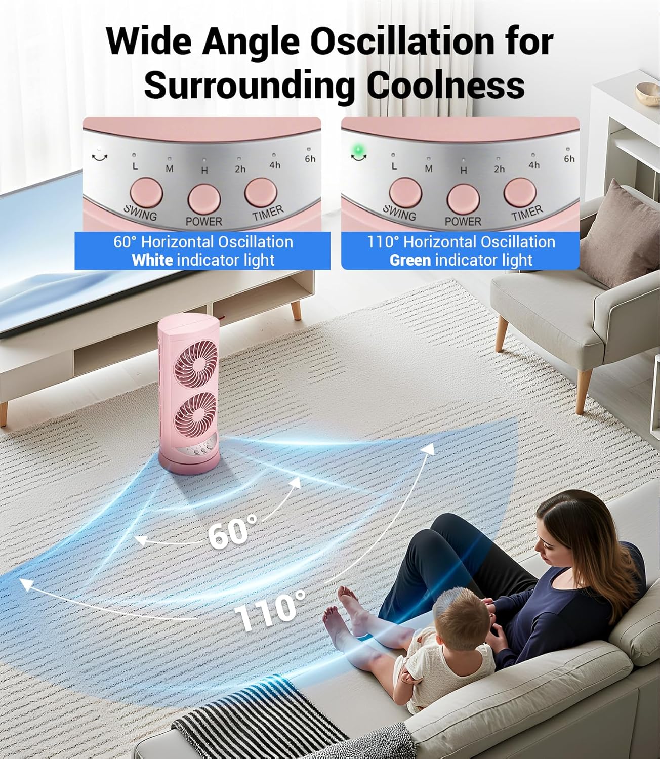 Personal Tower Cooling Fans that Blow Cold Air, Standing Small Desk Fan with 3 Speeds & Timer, 60° & 110° Oscillating Table Fan, Quiet and Safe Electric Floor Fan for Bedroom, Bedside, Home, Office